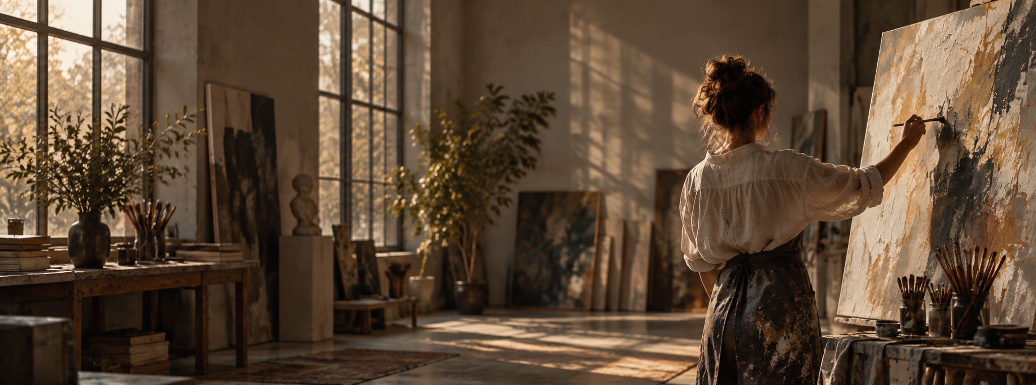 Artist painting in a warm contemporary studio